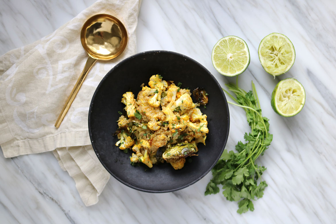 spiced roasted cauliflower brussels sprout quinoa